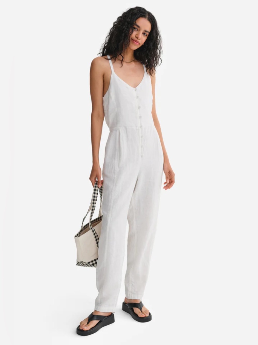 MATE Organic White Linen Button-Front Jumpsuit Size Large